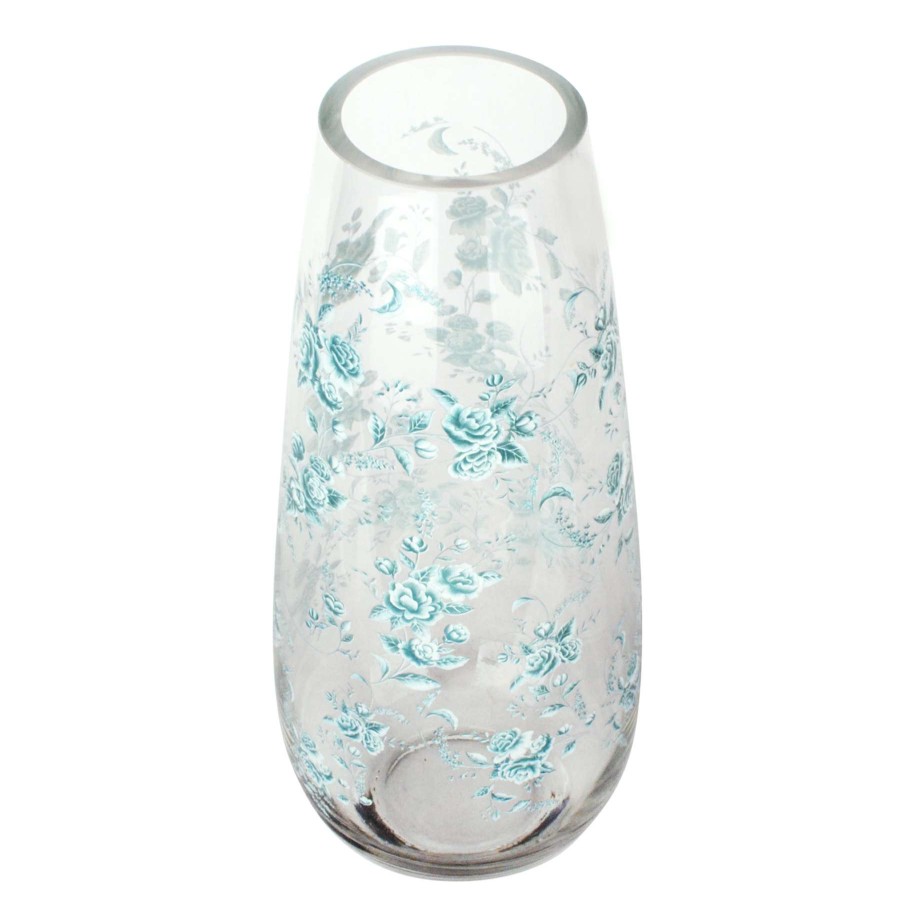 Home Accents * | Attractive Grace Mitchell Blue Floral Etched Clear Vase, 12