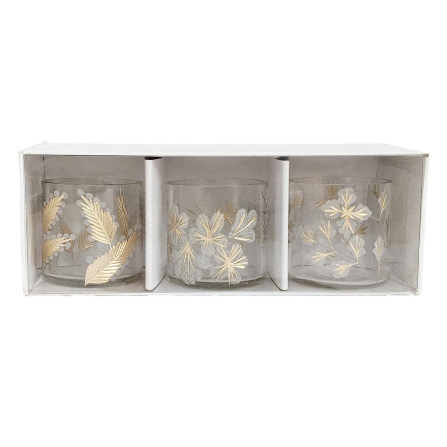 Home Accents * | Original Grace Mitchell Set Of 3 Gold Etched Glass Votive Candle Holders